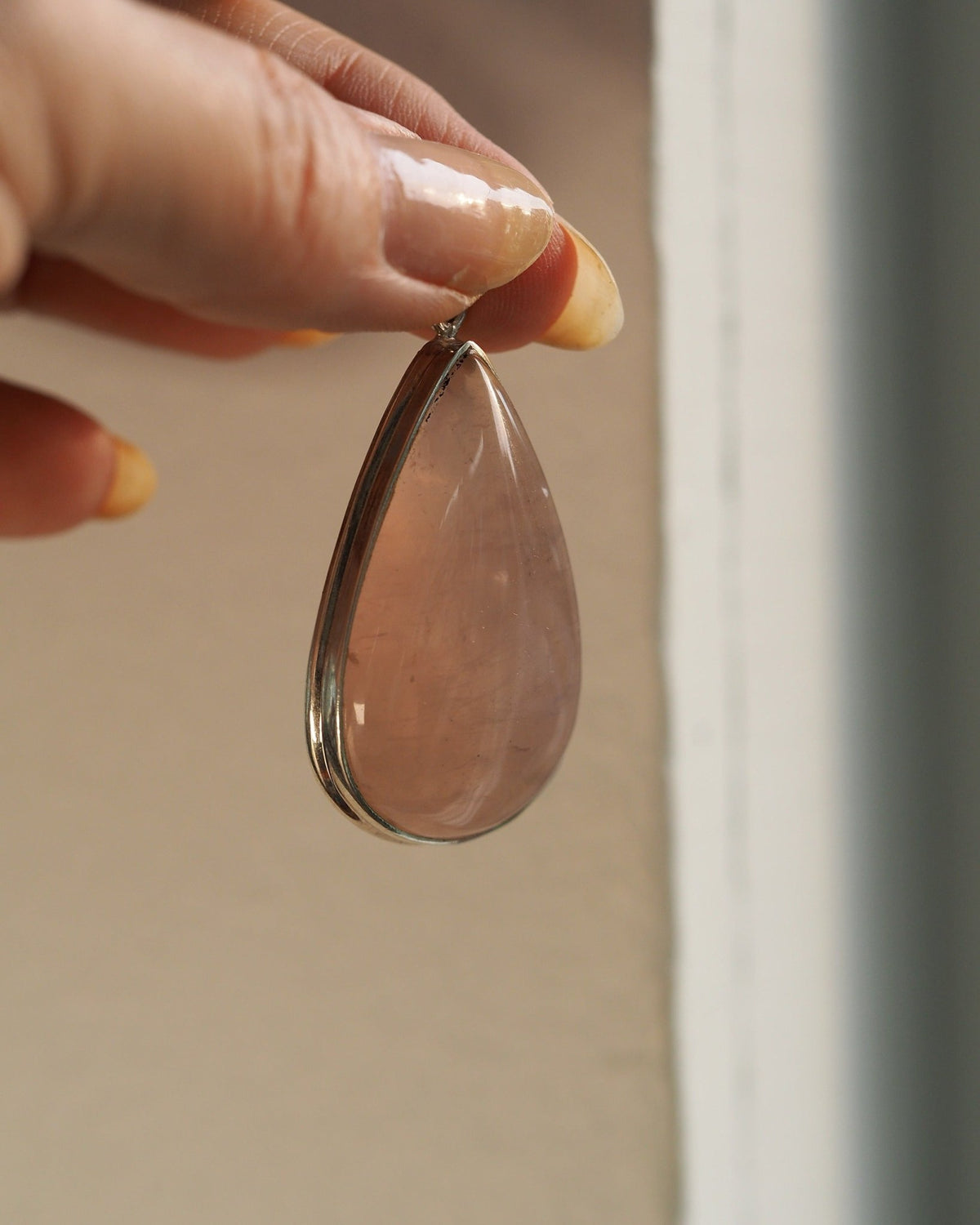 Vintage Sterling Silver Rose Quartz Teardrop Pendant 2 Inch Pendant - GlamGram NYC