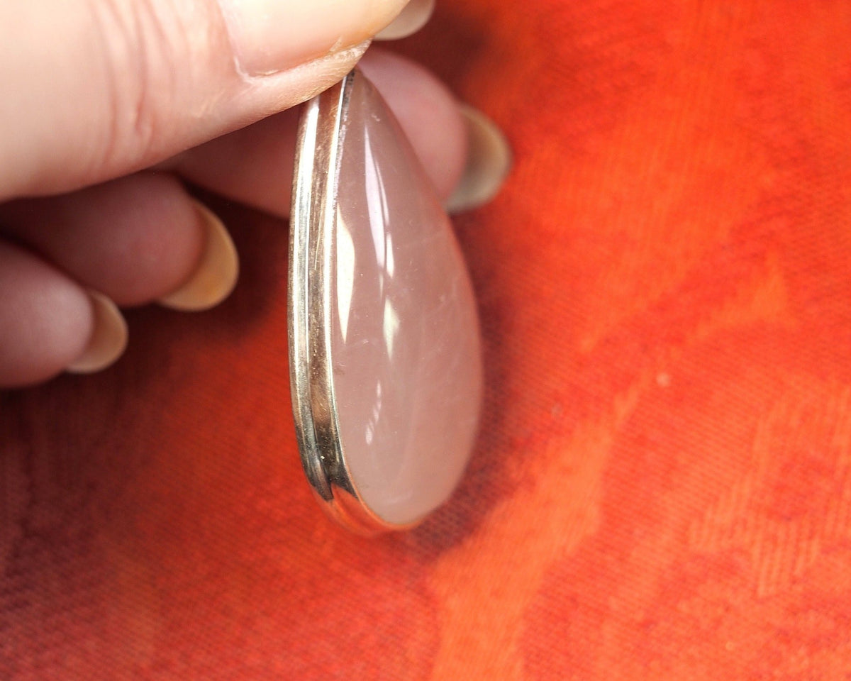 Vintage Sterling Silver Rose Quartz Teardrop Pendant 2 Inch Pendant - GlamGram NYC
