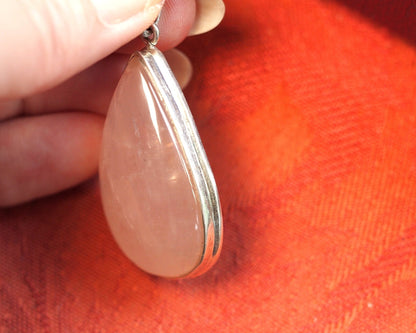 Vintage Sterling Silver Rose Quartz Teardrop Pendant 2 Inch Pendant - GlamGram NYC