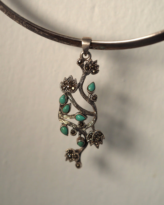 Vintage Sterling Silver Turquoise Marcasite Floral Vine Pendant Pendant - GlamGram NYC