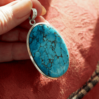 Vintage Sterling Silver Turquoise Statement Pendant with Spiderweb Matrix Pendant - GlamGram NYC