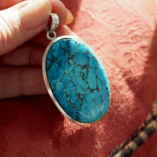 Vintage Sterling Silver Turquoise Statement Pendant with Spiderweb Matrix Pendant - GlamGram NYC