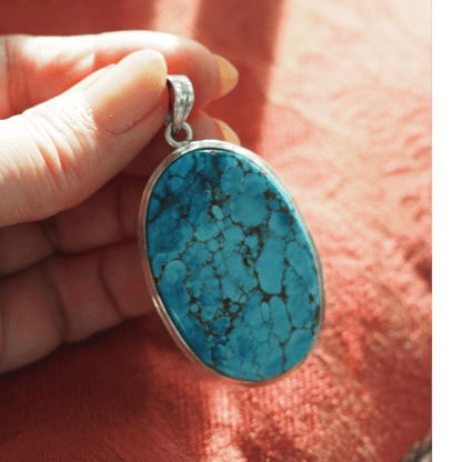 Vintage Sterling Silver Turquoise Statement Pendant with Spiderweb Matrix Pendant - GlamGram NYC