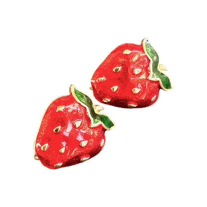 Vintage Strawberry Clip-On Earrings Gold Tone Red Enamel Fruit Novelty Cottagecore Jewelry Earrings - GlamGram NYC