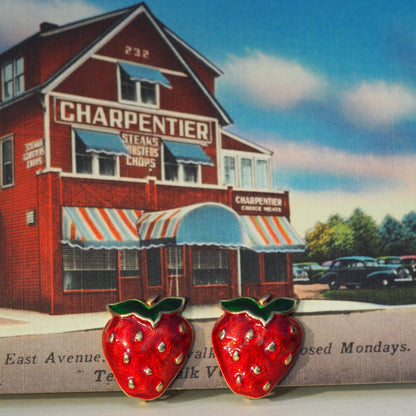 Vintage Strawberry Clip-On Earrings Gold Tone Red Enamel Fruit Novelty Cottagecore Jewelry Earrings - GlamGram NYC