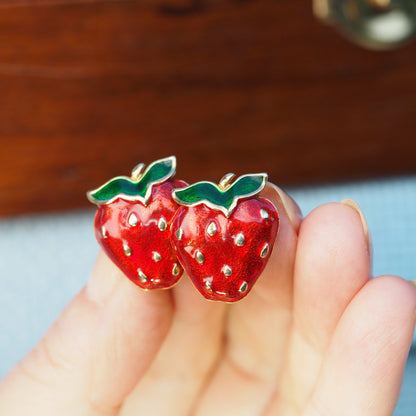 Vintage Strawberry Clip-On Earrings Gold Tone Red Enamel Fruit Novelty Cottagecore Jewelry Earrings - GlamGram NYC