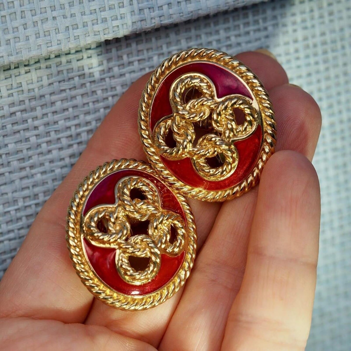 Vintage Trifari Gold and Red Enamel Clip-On Earrings – Intricate Twisted Knot Statement Earrings Earrings - GlamGram NYC