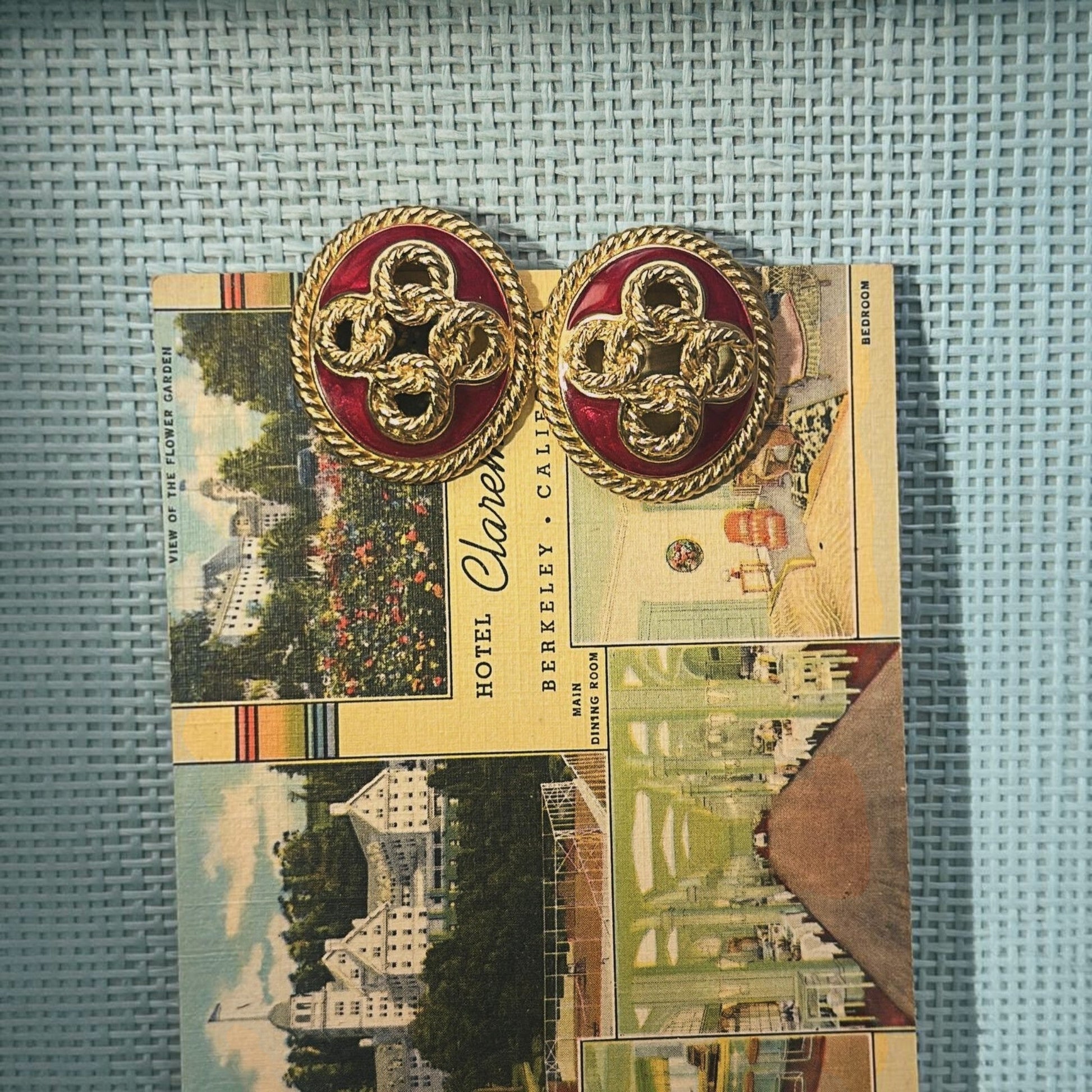 Vintage Trifari Gold and Red Enamel Clip-On Earrings – Intricate Twisted Knot Statement Earrings Earrings - GlamGram NYC