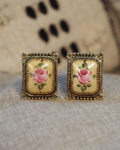 Vintage Whiting and Davis Clip Earrings, Pink Rose Guilloche Glass, 1950s Mid Century Signed Jewelry, New Old Stock Gift Earrings (Clip) - GlamGram NYC