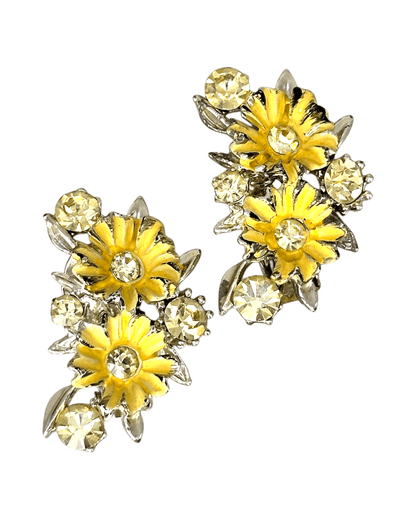 Vintage Yellow Daisy Enamel & Rhinestone Clip-On Earrings Earrings - GlamGram NYC