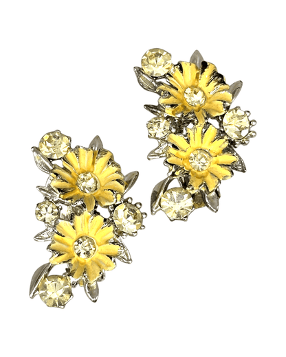 Vintage Yellow Daisy Enamel & Rhinestone Clip-On Earrings Earrings - GlamGram NYC