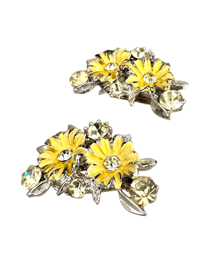 Vintage Yellow Daisy Enamel & Rhinestone Clip-On Earrings Earrings - GlamGram NYC