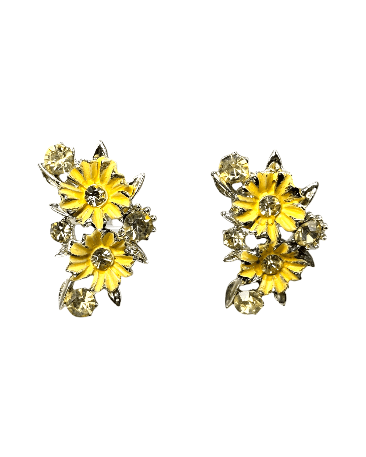 Vintage Yellow Daisy Enamel & Rhinestone Clip-On Earrings Earrings - GlamGram NYC