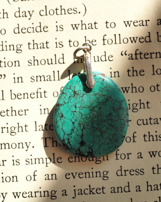 Sterling silver pendant with round blue-green stone and black matrix webbing, front view on text background